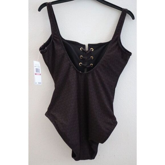 Michael Kors MM2L959-212 Women's Sz 4 Brown Monogram Lace-Up 1-pc Swimsuit - Picture 2 of 5